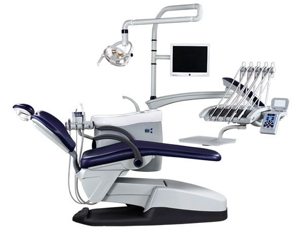 Dark blue dental chair with upward instrument tray 