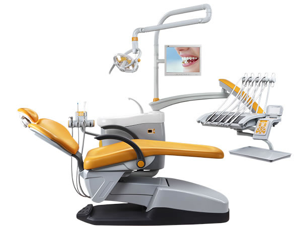 Orange dental chair with upward instrument tray